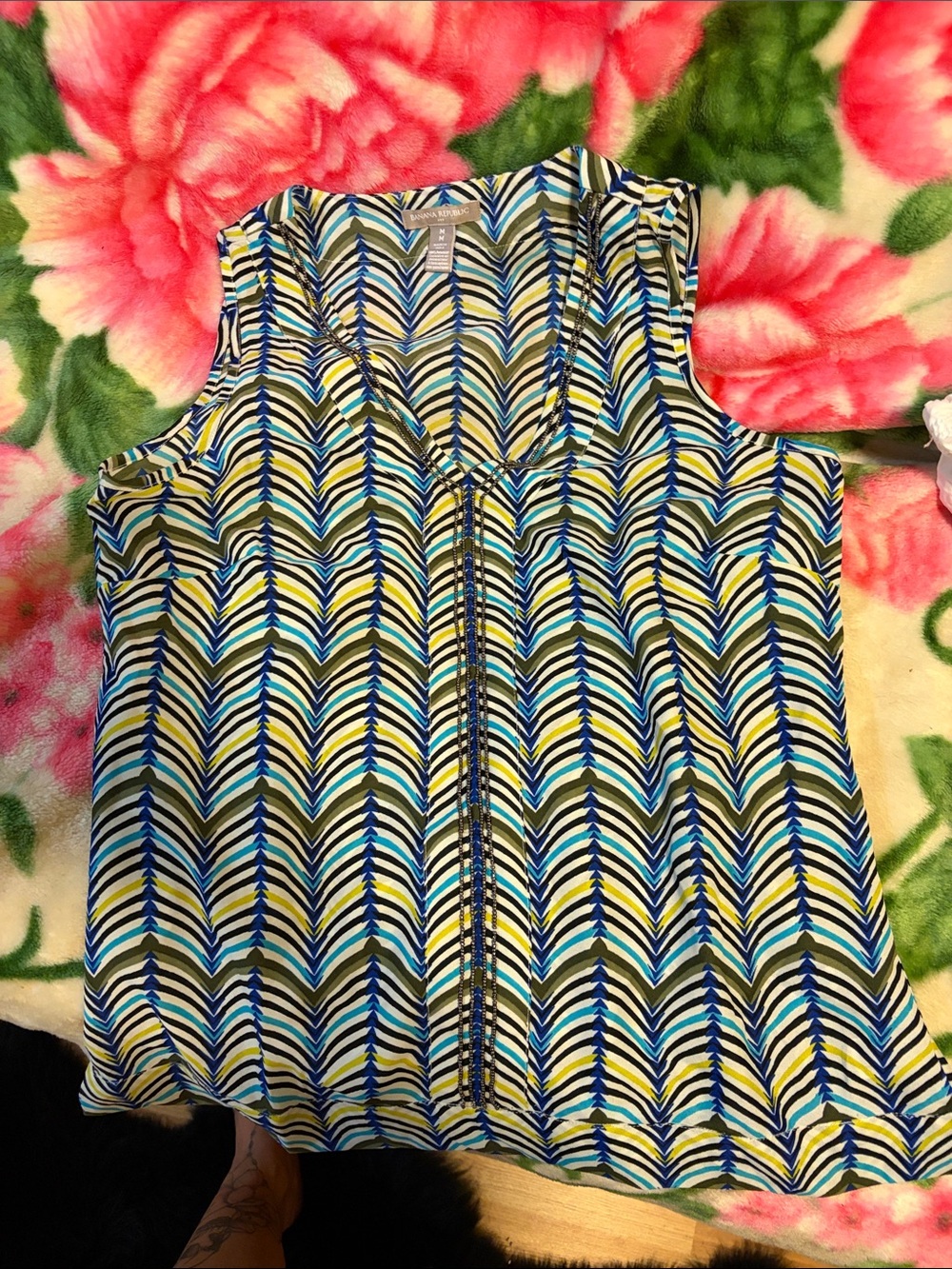 Banana Republic Blue and Yellow Chevron V-Neck Sleeveless Top